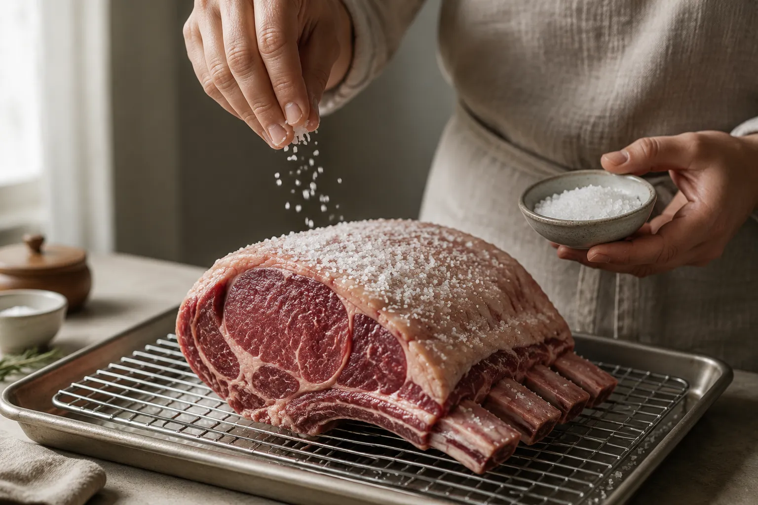 Dry brining a standing rib roast with kosher salt for prime rib recipe
