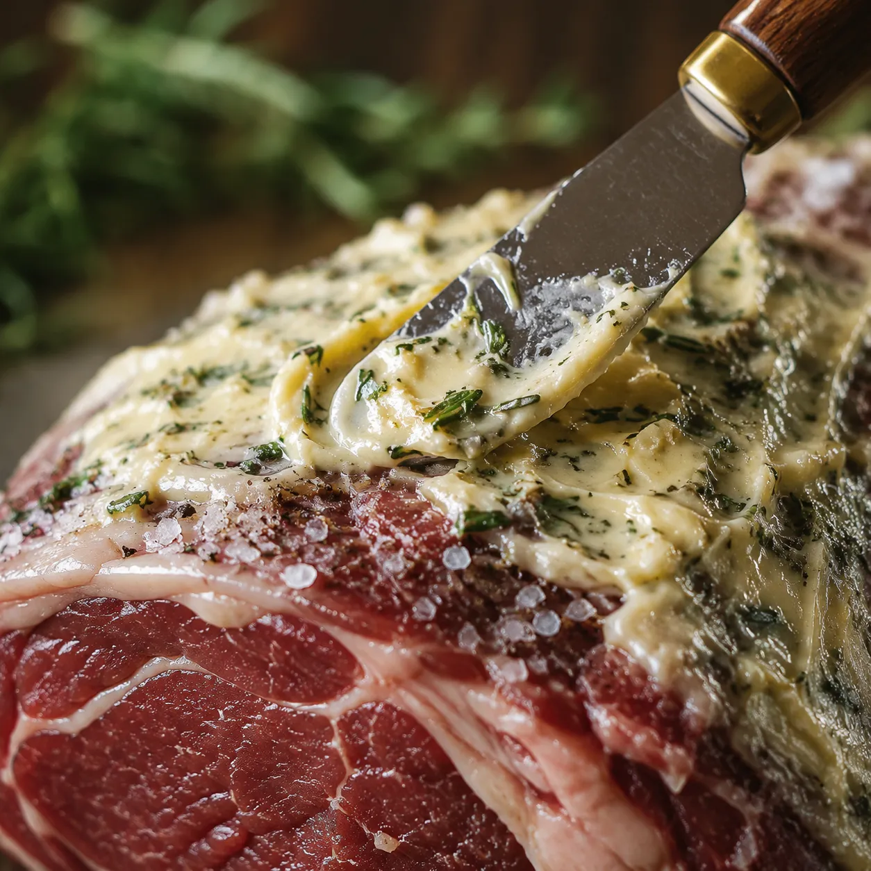Spreading garlic herb butter over standing rib roast for prime rib recipe