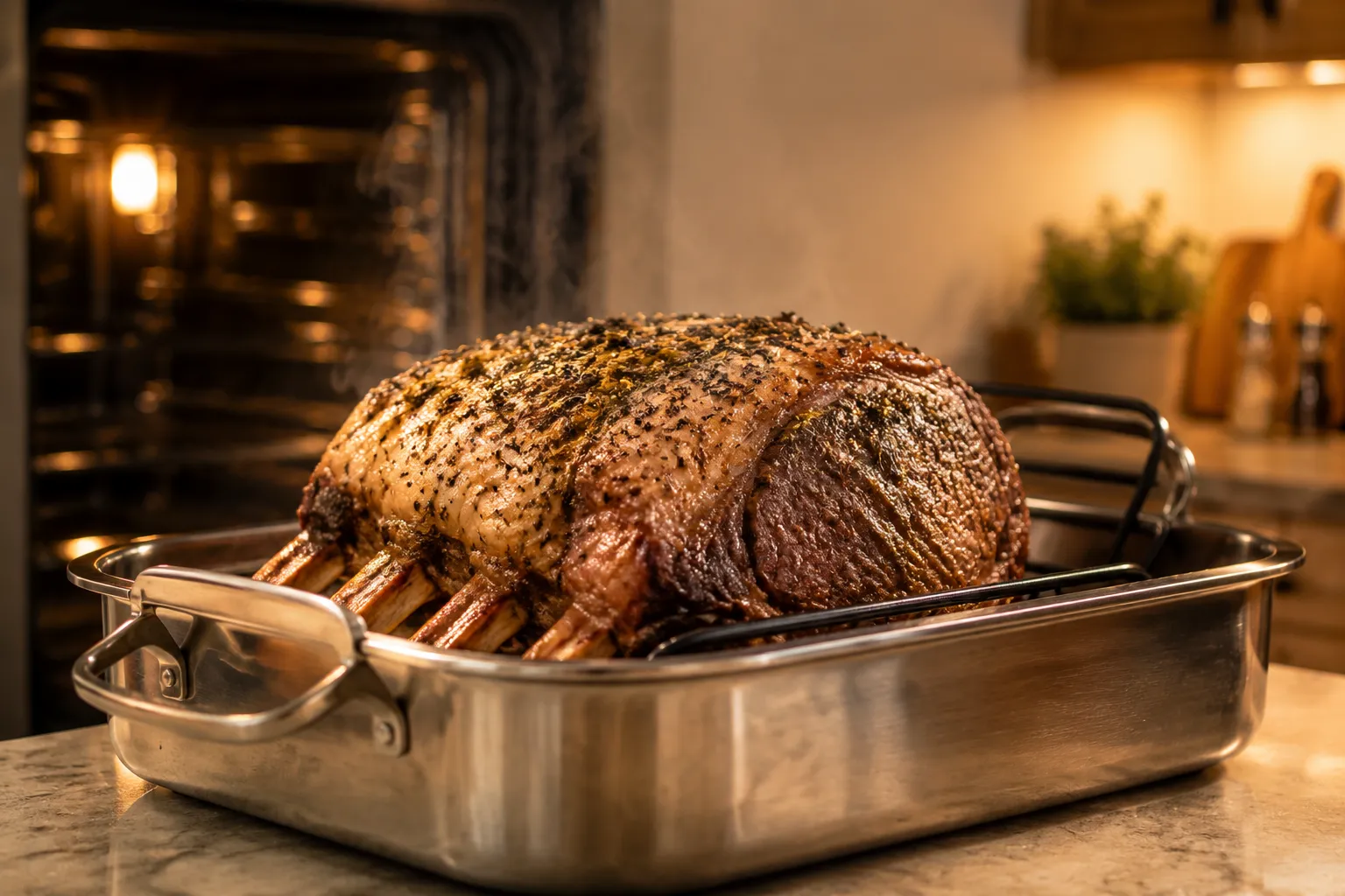 Herb-crusted prime rib in roasting pan ready for the oven