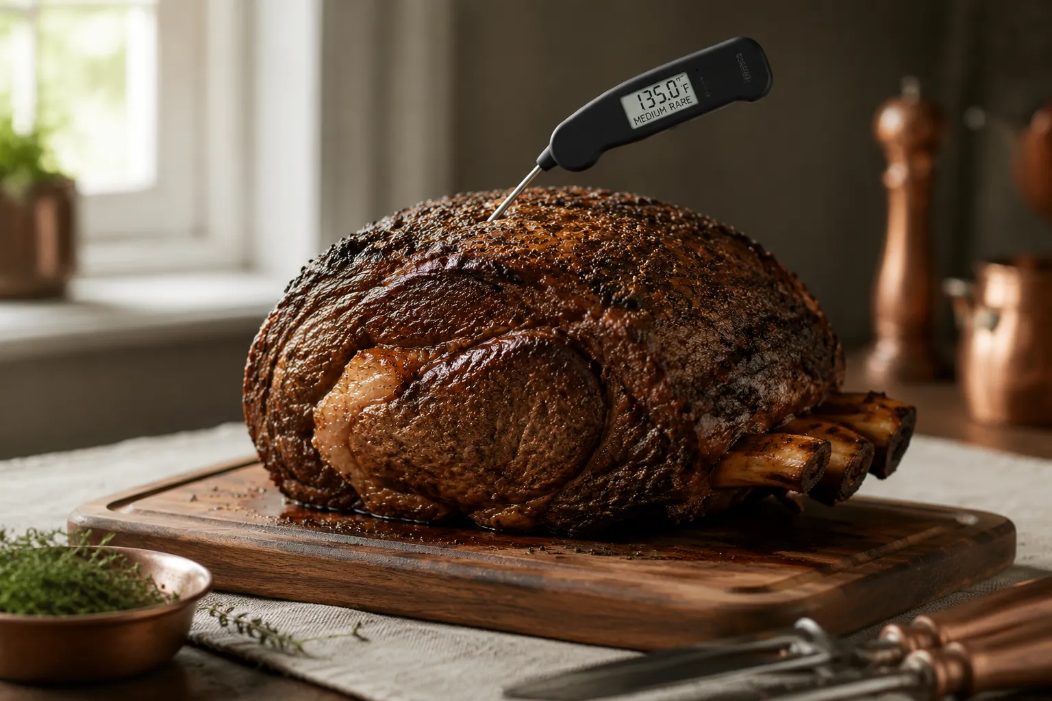 Prime rib resting with thermometer showing medium-rare internal temperature