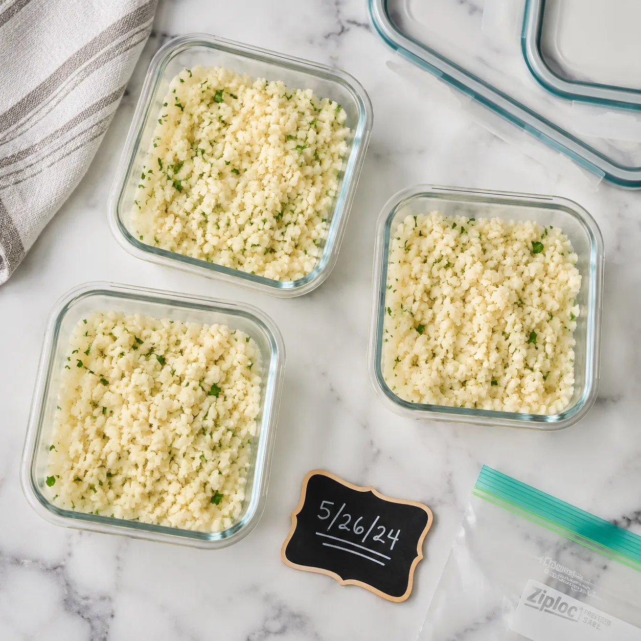 Cauliflower rice stored in glass meal prep containers for the week
