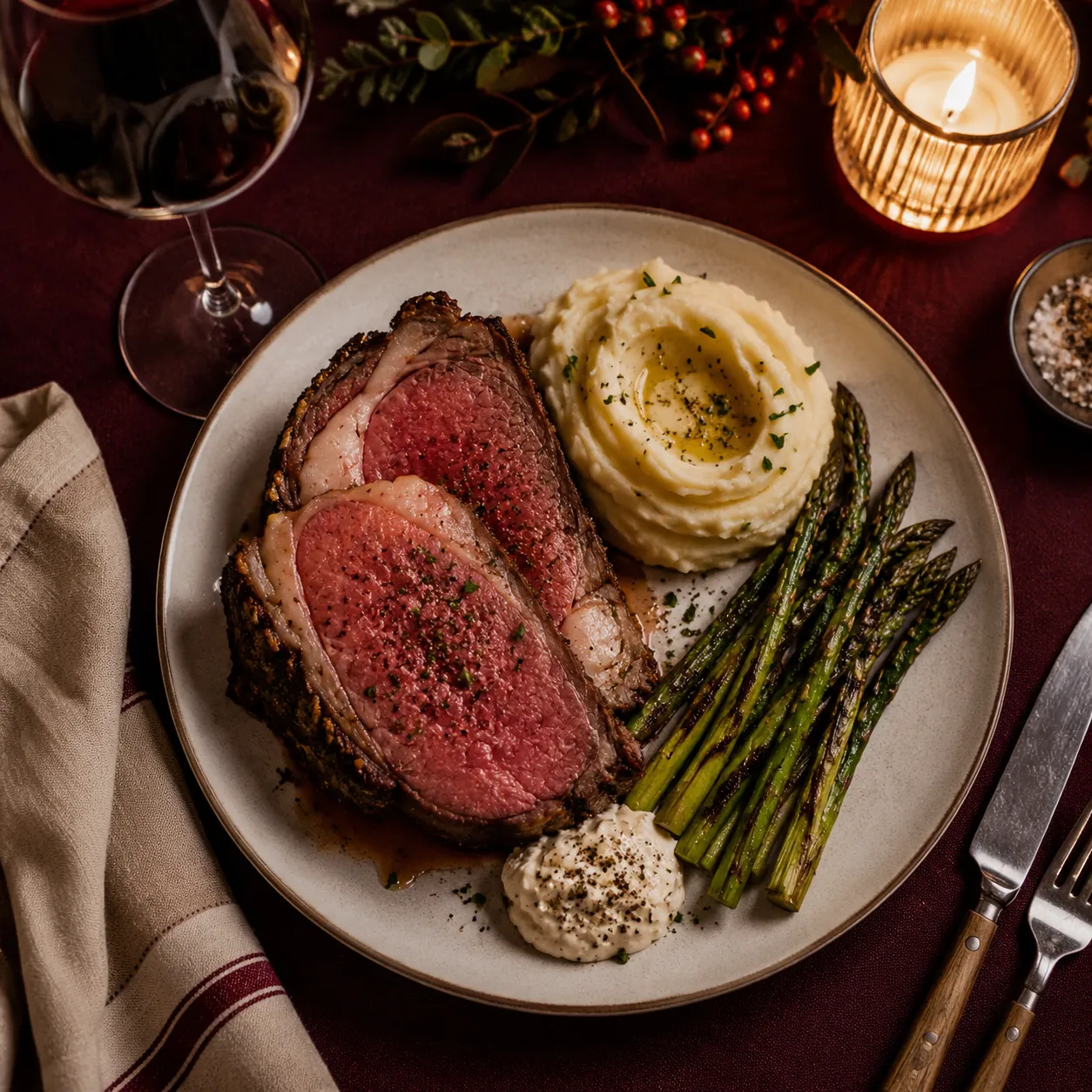 Prime rib dinner plate with mashed potatoes, asparagus, and horseradish cream