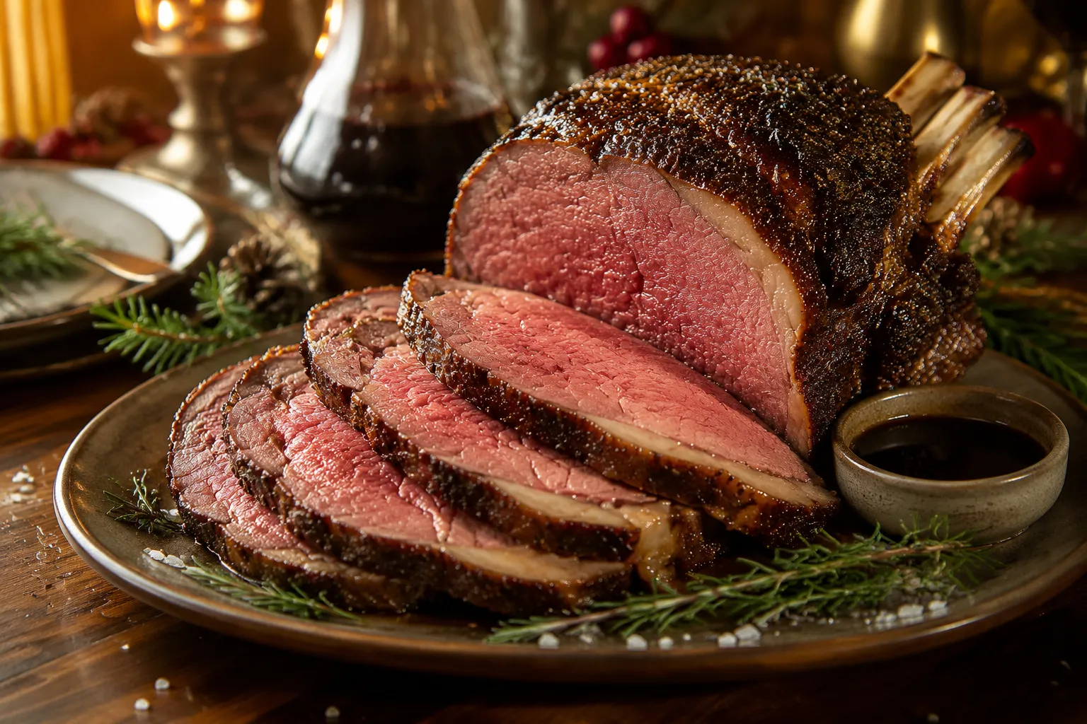 Sliced prime rib recipe served on platter with au jus and rosemary