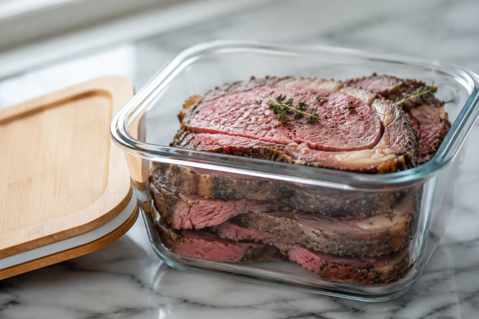 Leftover prime rib stored in glass container for refrigerator storage