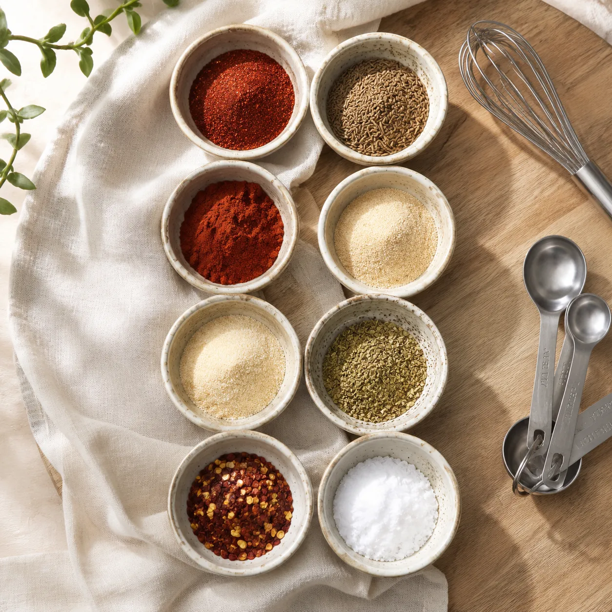 Ingredients for homemade taco seasoning recipe in small bowls