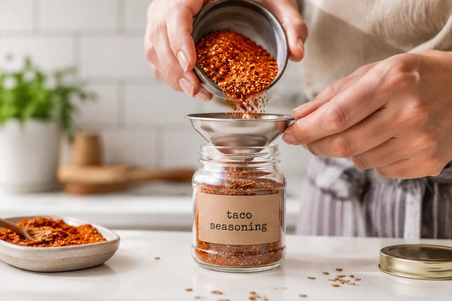 Storing homemade taco seasoning recipe in a labeled jar