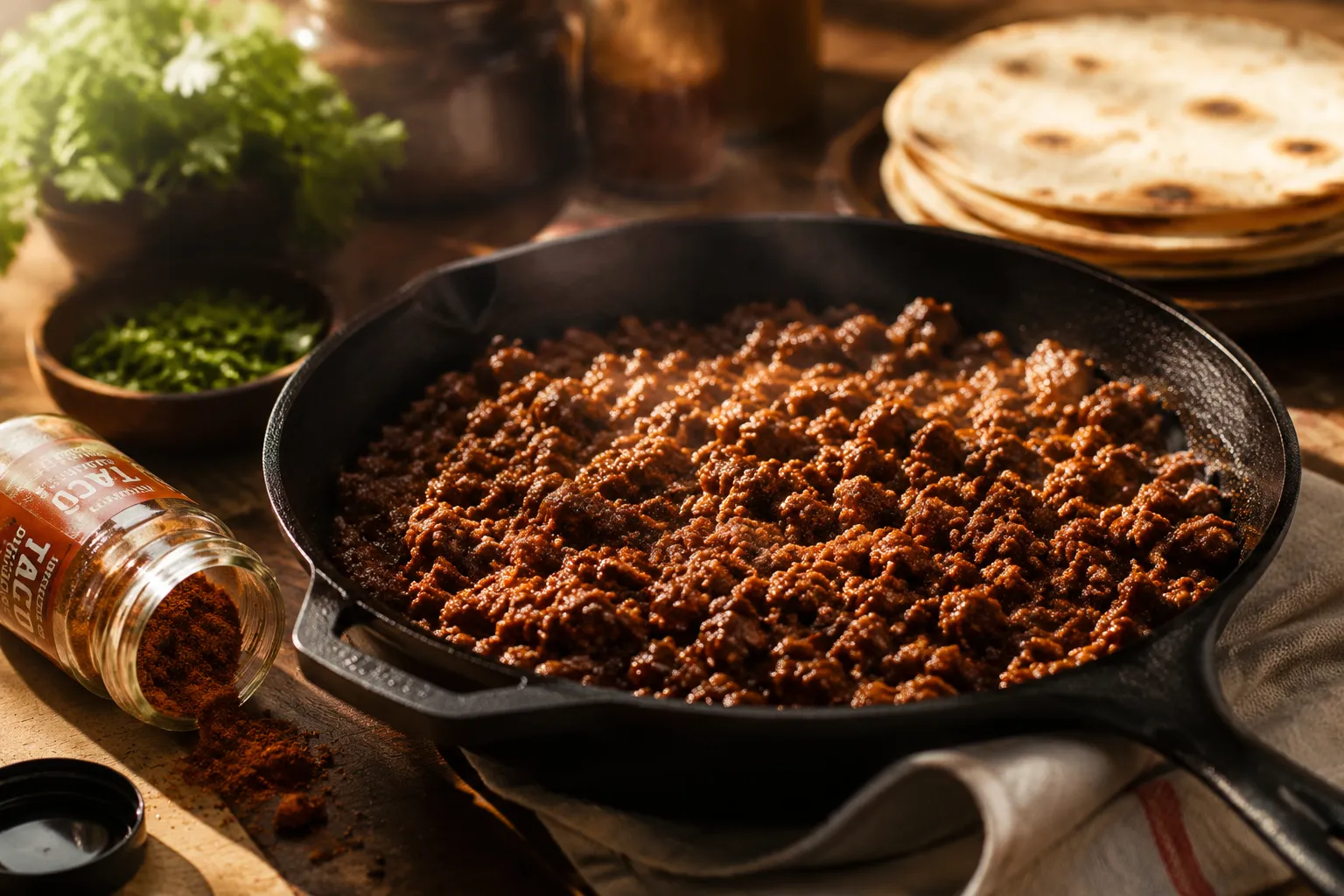 Ground beef cooked with easy taco seasoning in cast iron skillet
