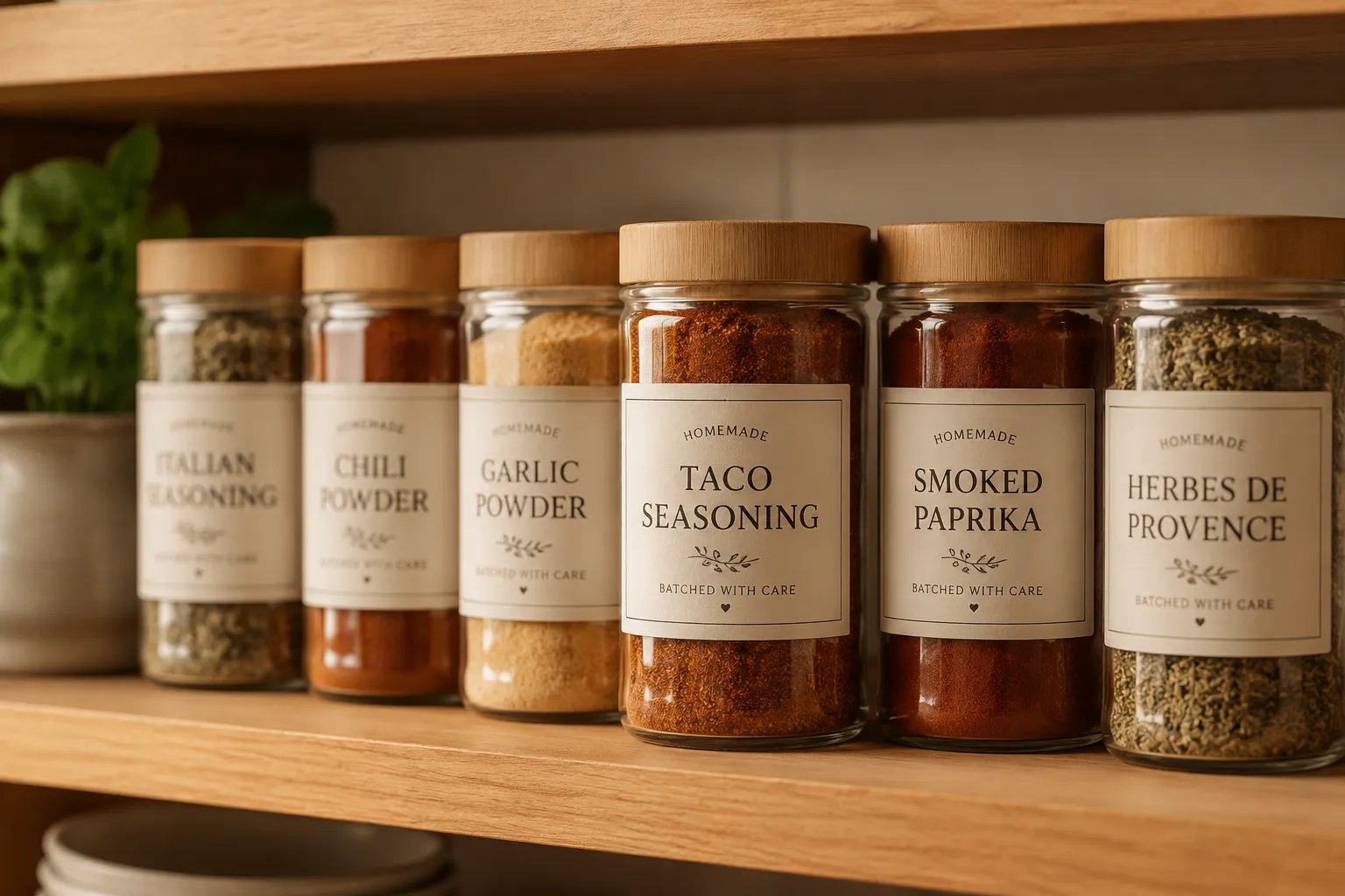 Homemade taco seasoning stored in a glass jar on a pantry shelf