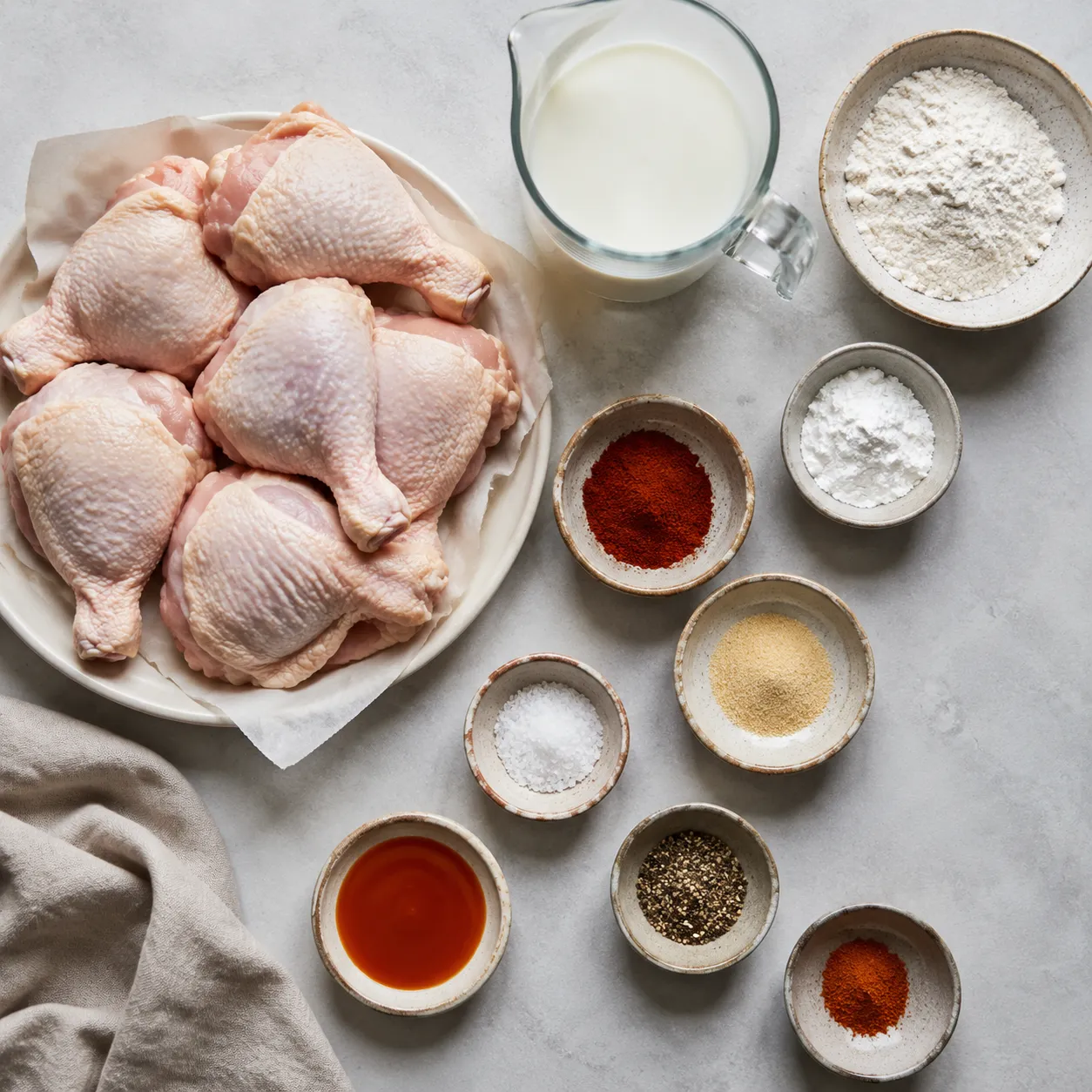 Ingredients for an easy fried chicken recipe arranged on a flatlay