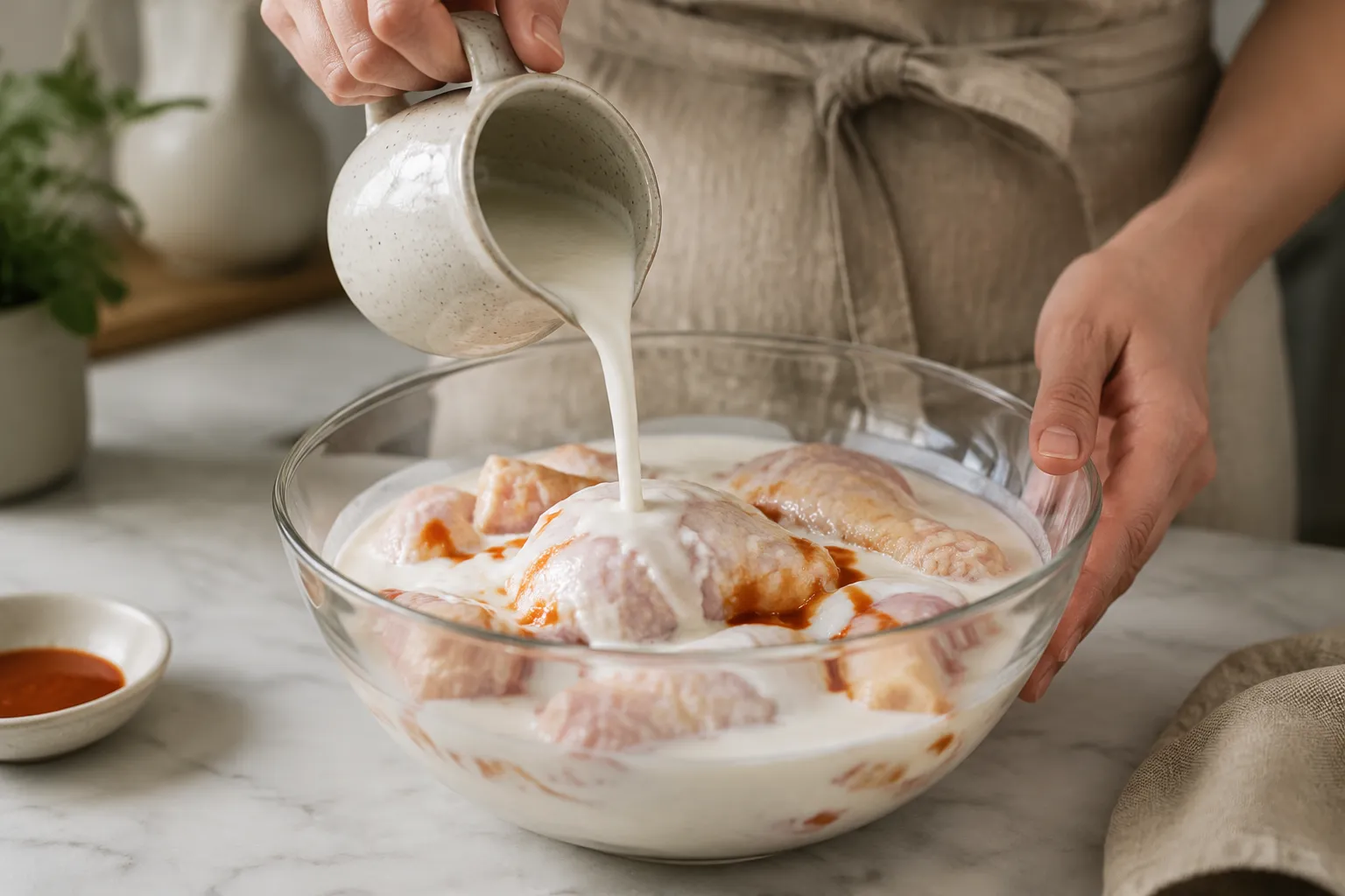 Pouring buttermilk brine over raw chicken for southern fried chicken