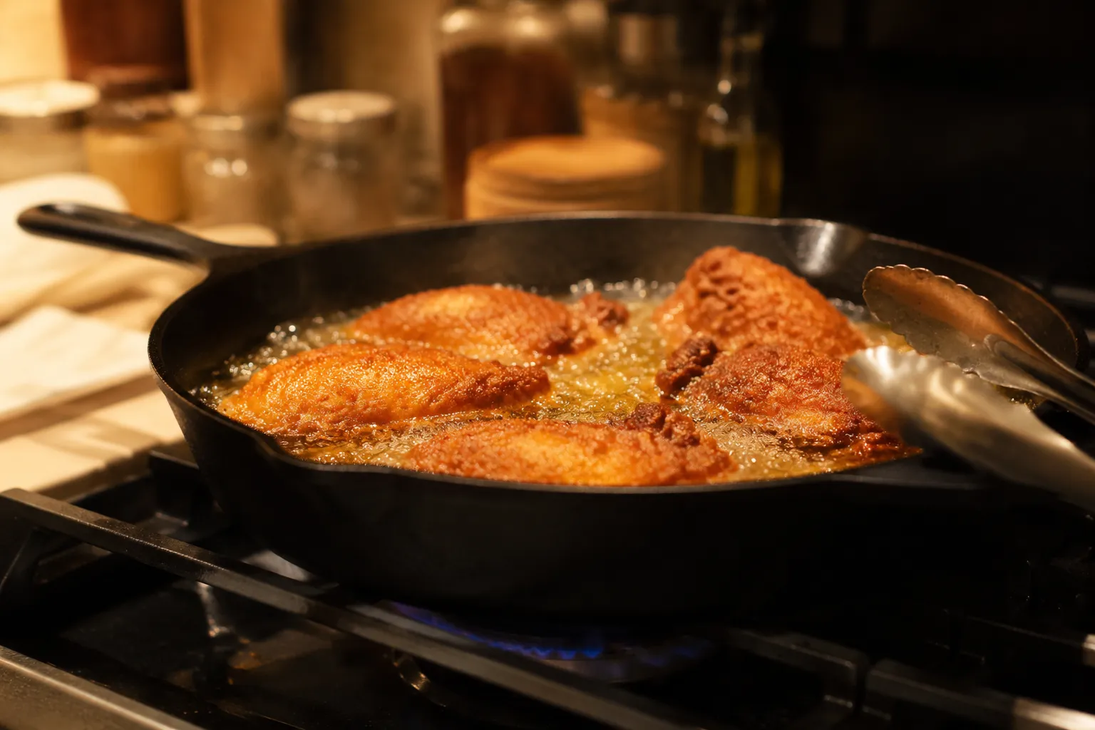 Frying chicken in a cast iron skillet for homemade fried chicken