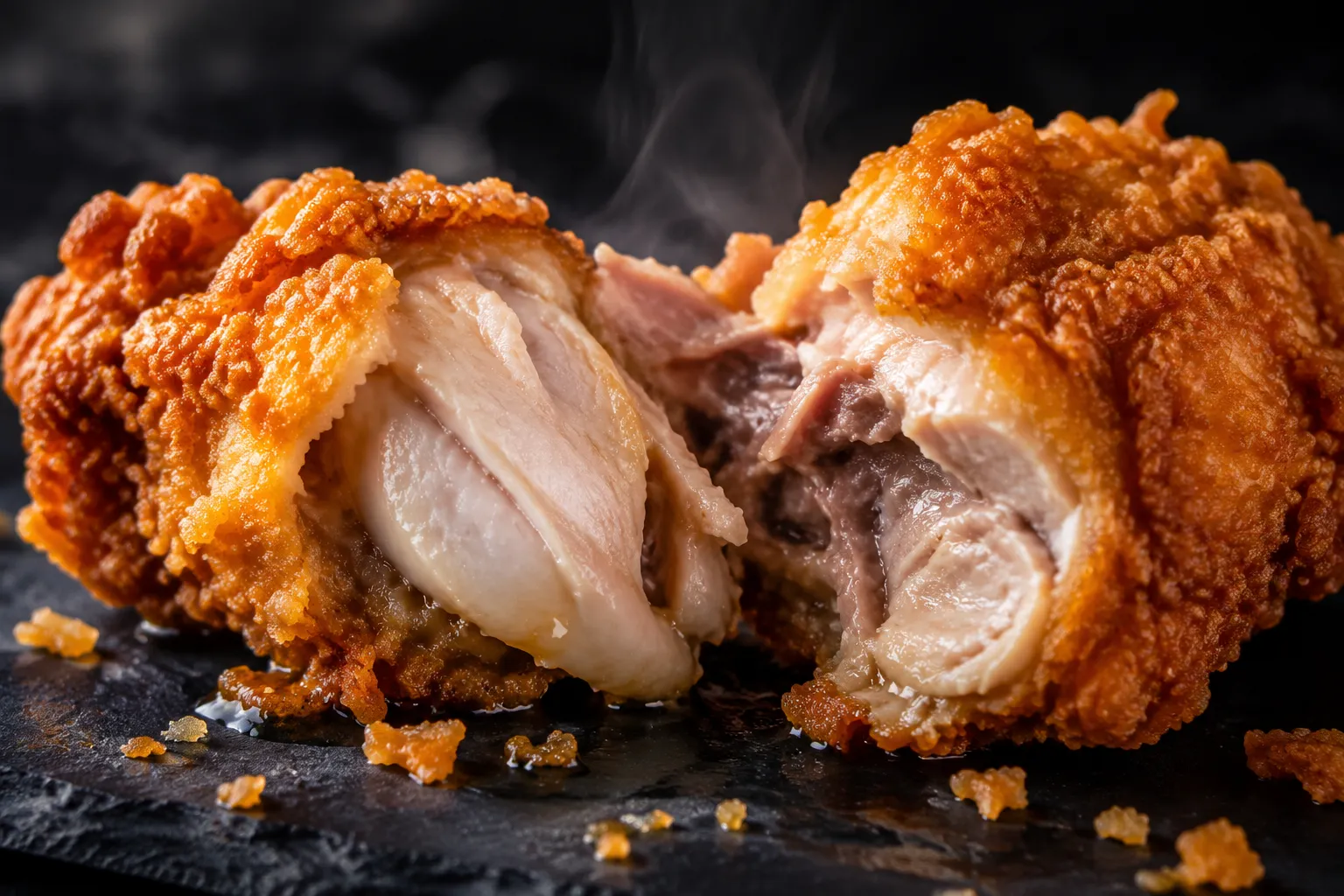 Macro close-up of juicy interior of crispy buttermilk fried chicken