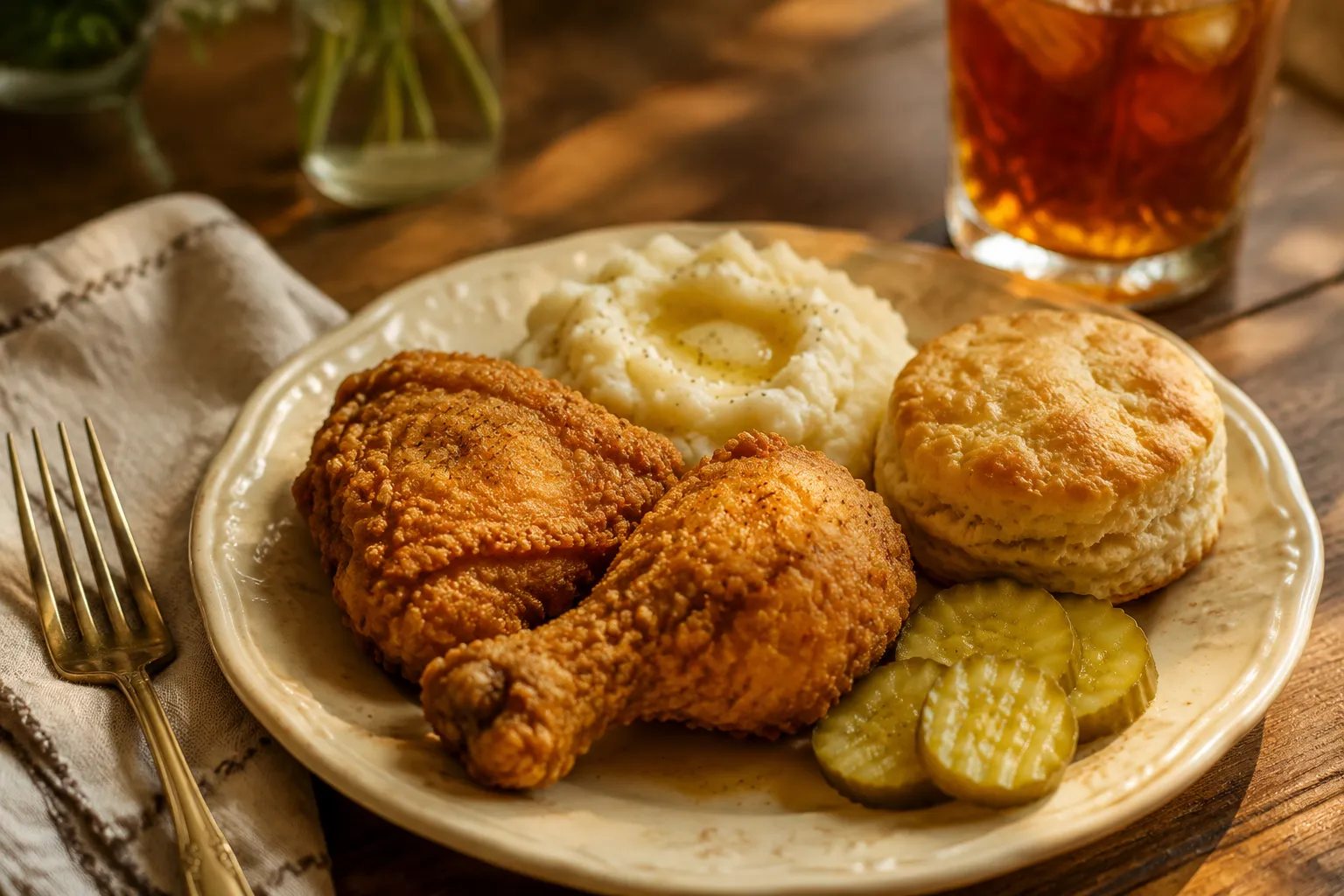 Southern fried chicken plated with mashed potatoes and biscuits