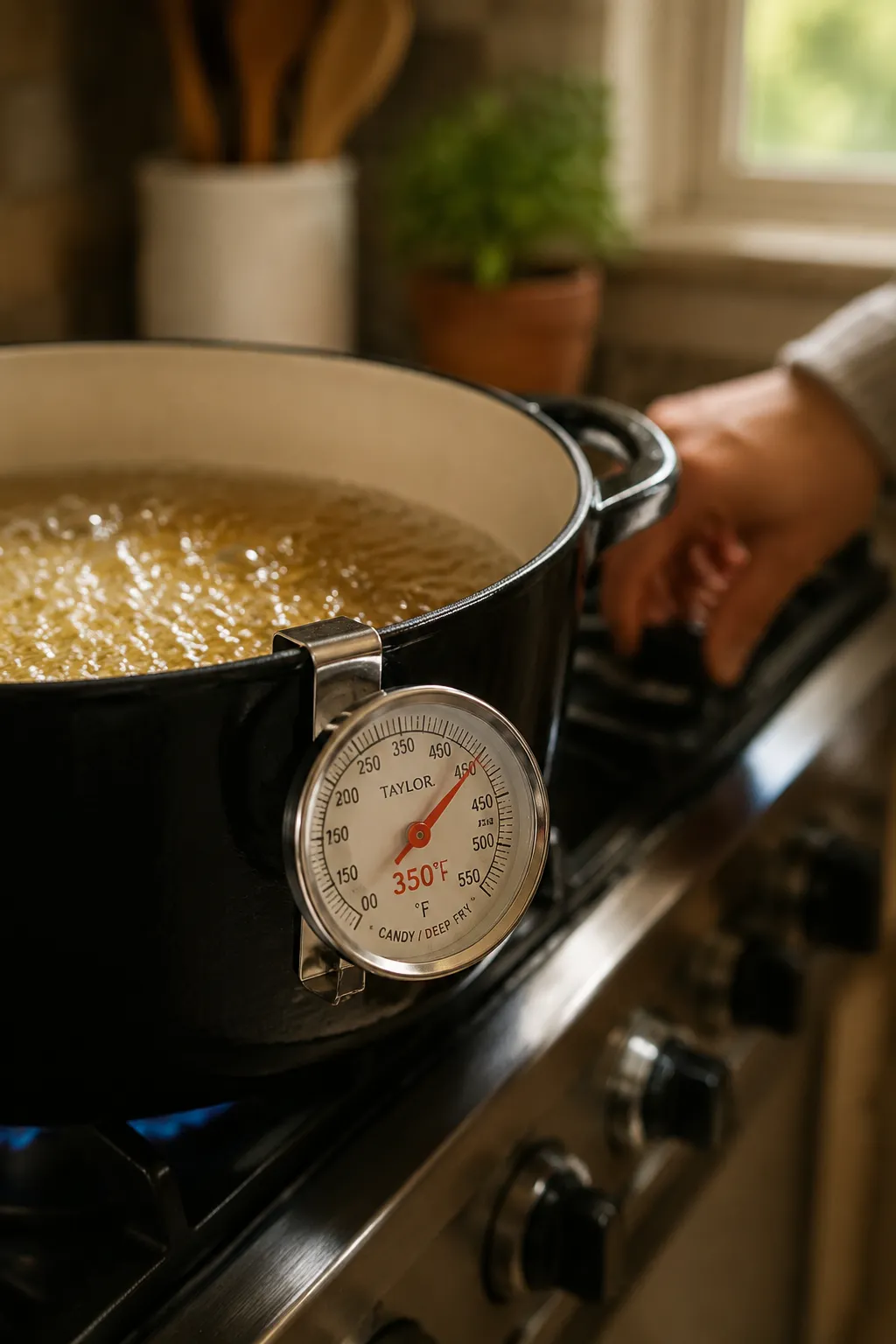 Checking oil temperature with a thermometer for perfect fried chicken