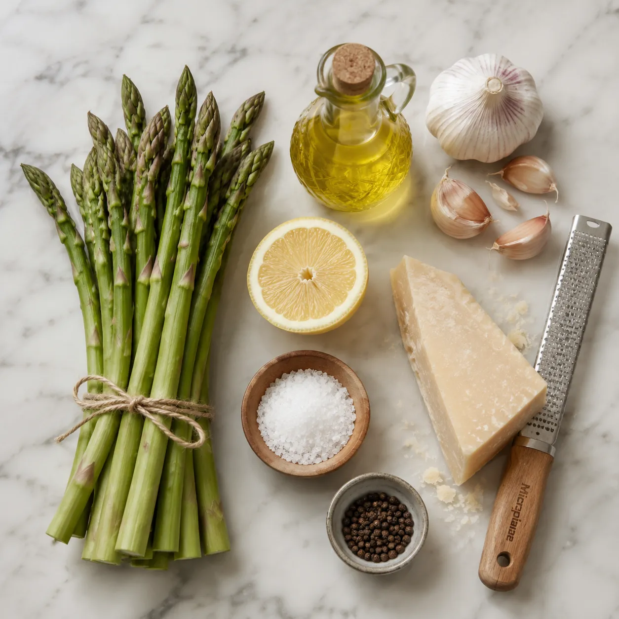 Ingredients for how to cook asparagus laid out on marble