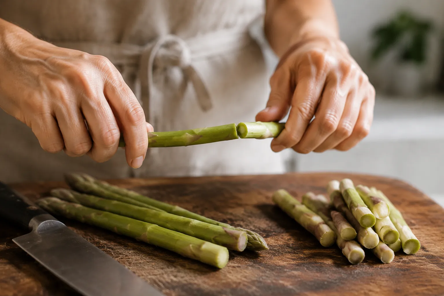Trimming woody ends off fresh asparagus spears before cooking