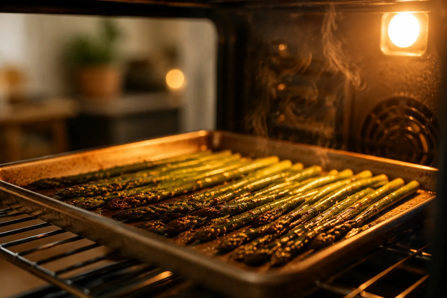 Asparagus roasting in the oven at 400 degrees Fahrenheit