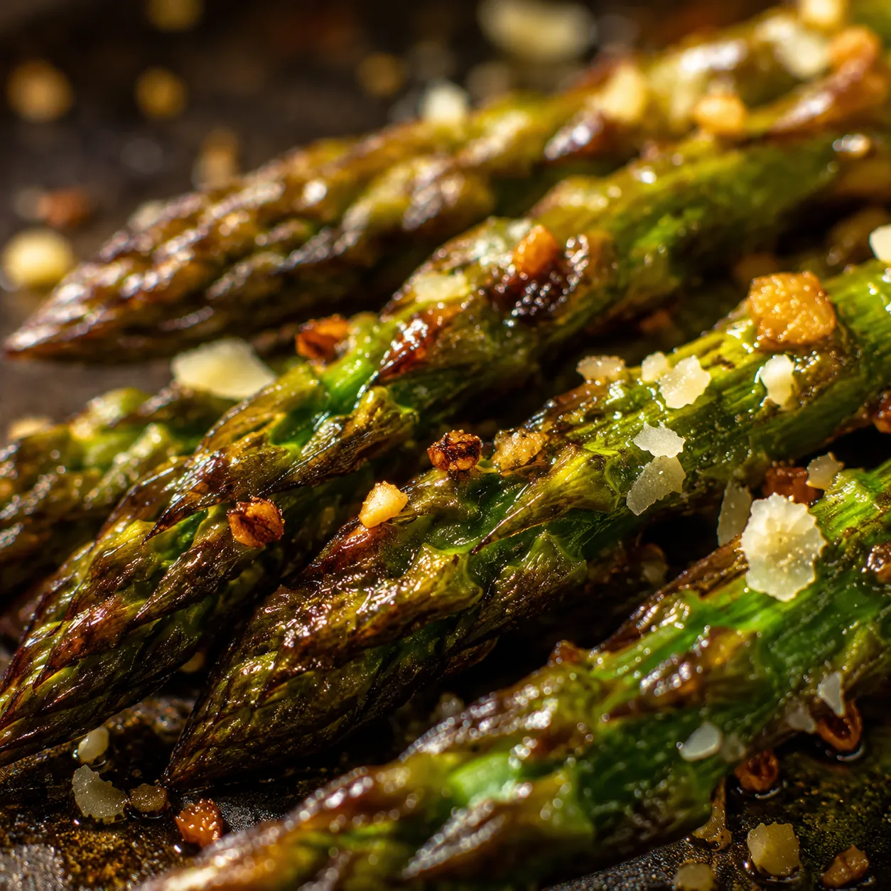 Close-up of crispy roasted asparagus tips with garlic and Parmesan