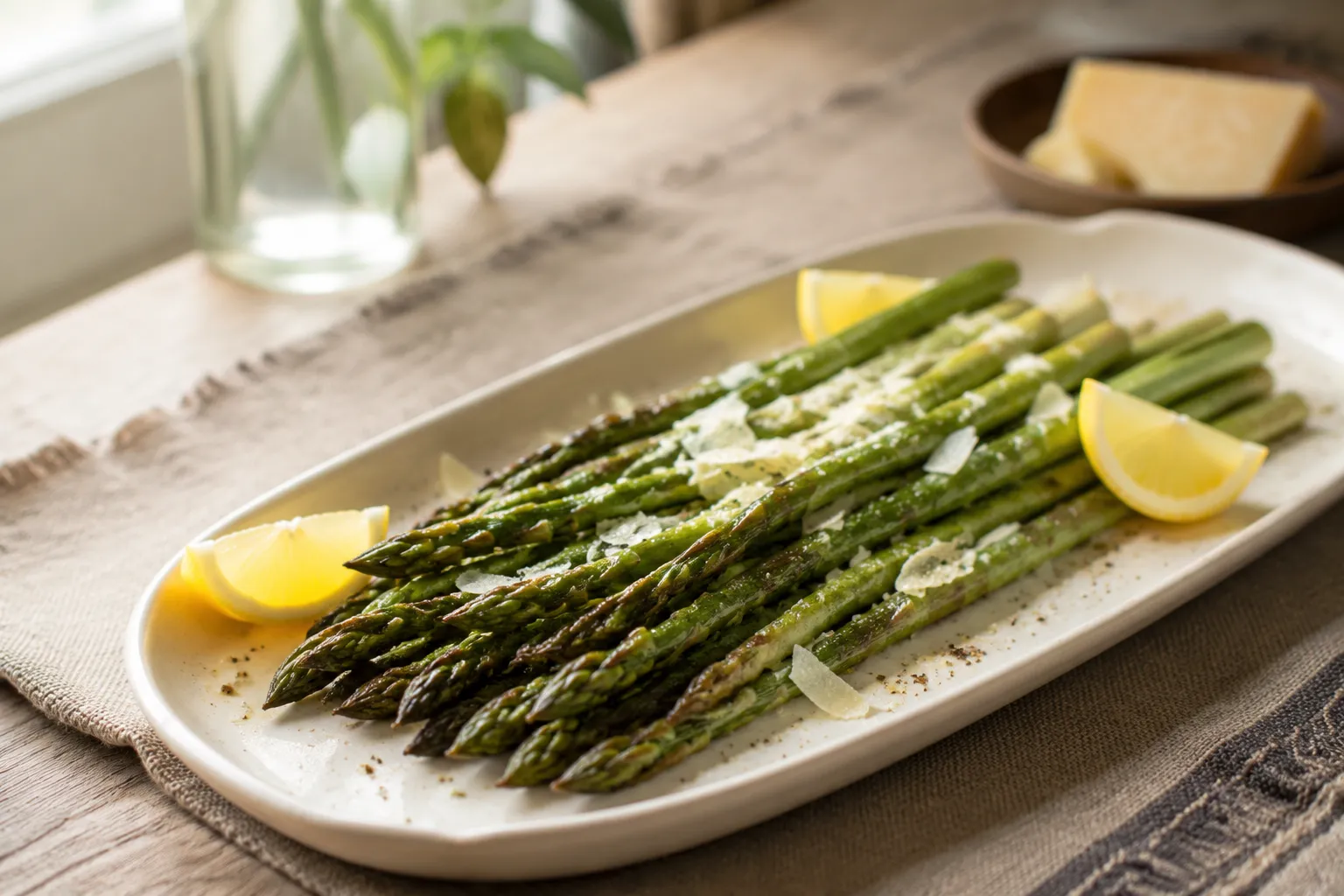 Best way to cook asparagus served on a ceramic platter with lemon