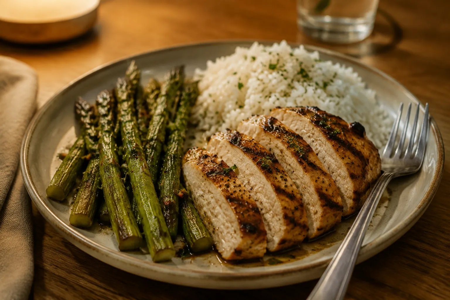 Cooked asparagus served as a side dish with grilled chicken and rice
