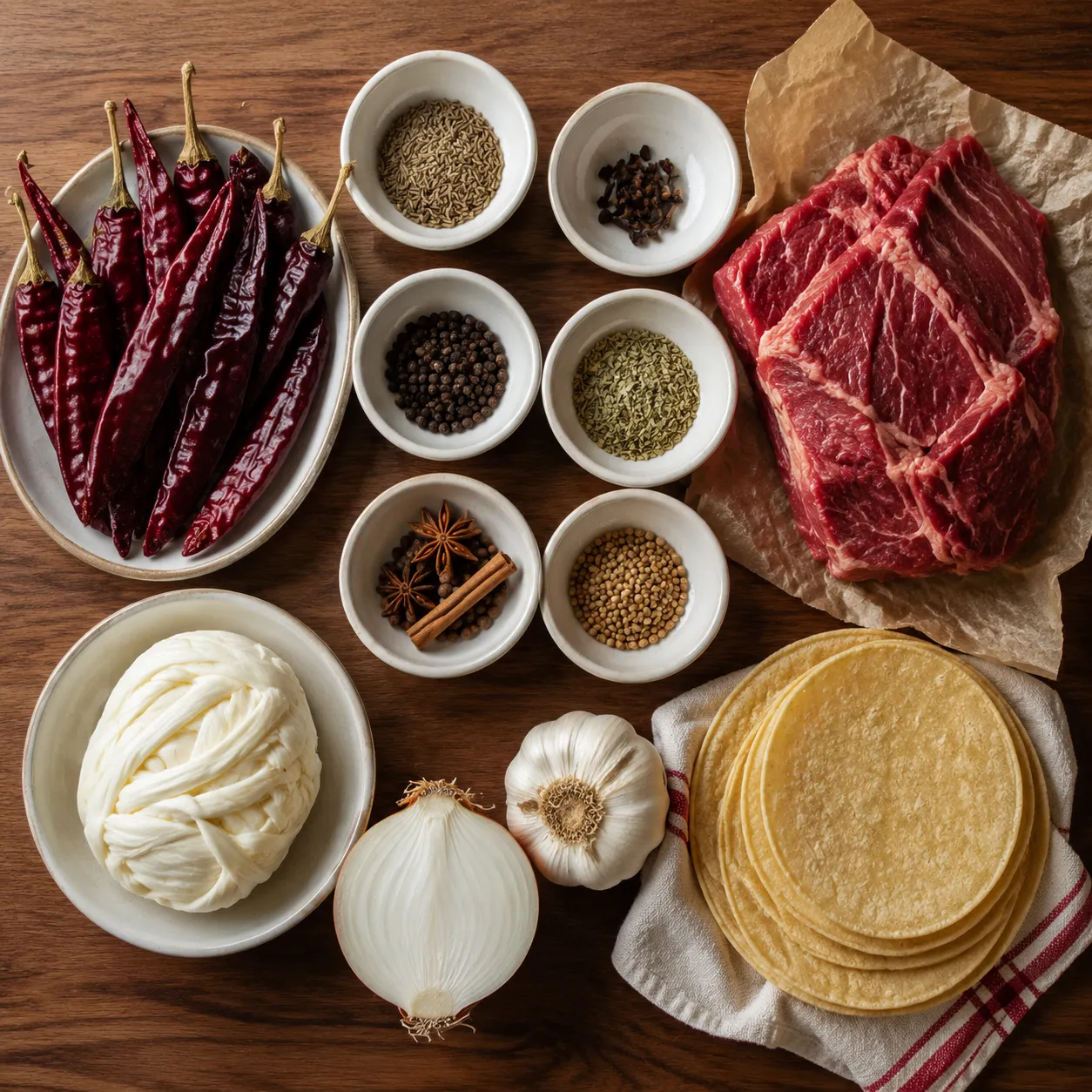 Quesabirria ingredients flatlay with dried chiles, beef chuck, Oaxaca cheese, and tortillas