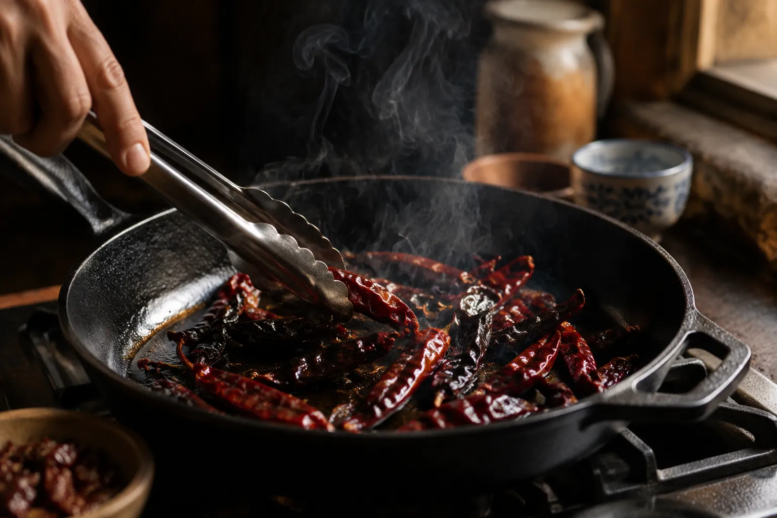 Toasting dried guajillo chiles for quesabirria sauce in cast iron skillet