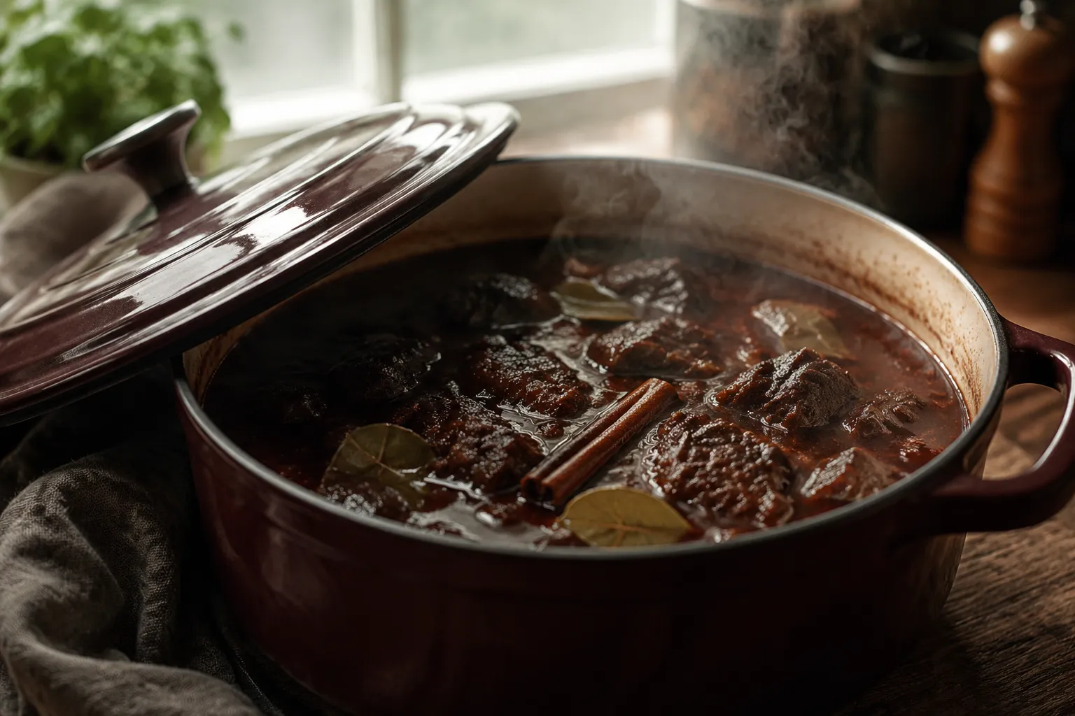 Slow-braised birria beef simmering in chile broth for quesabirria tacos