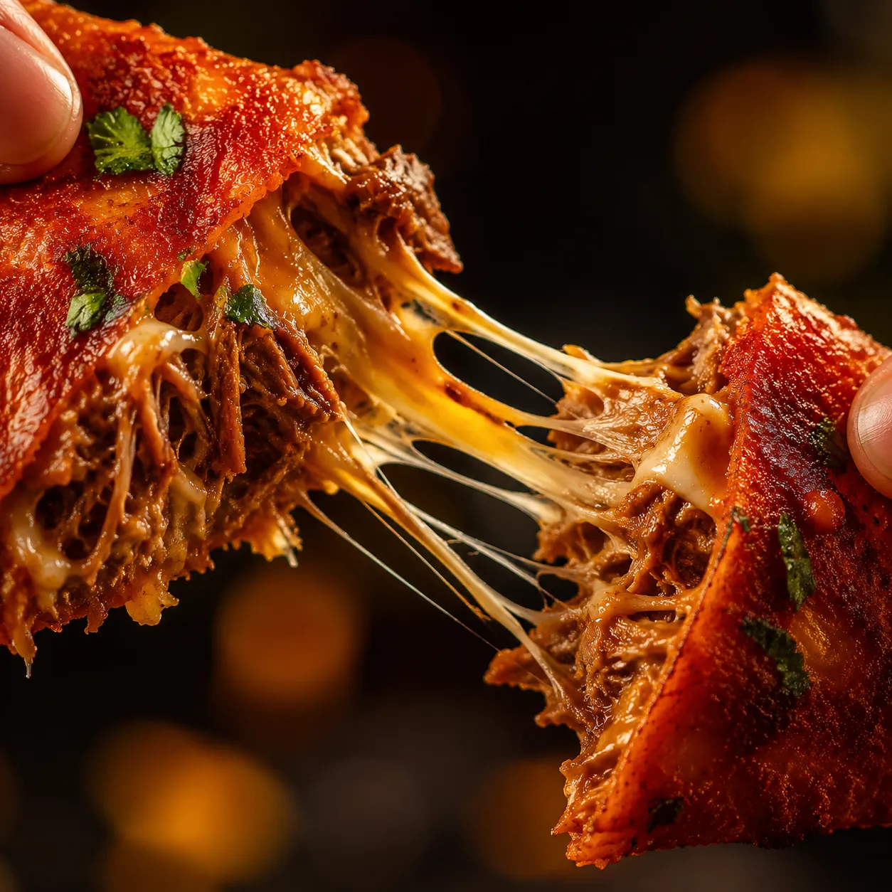 Cheese pull close-up of quesabirria taco with shredded birria beef