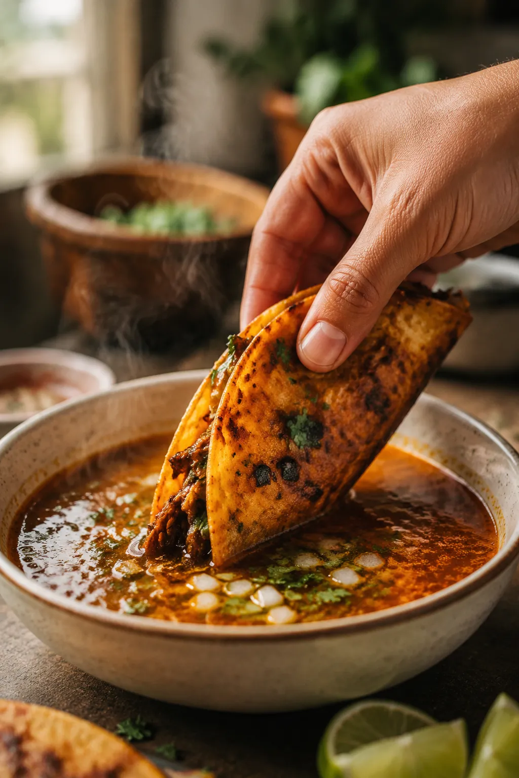 Dunking a quesabirria taco into a bowl of rich Mexican consomé