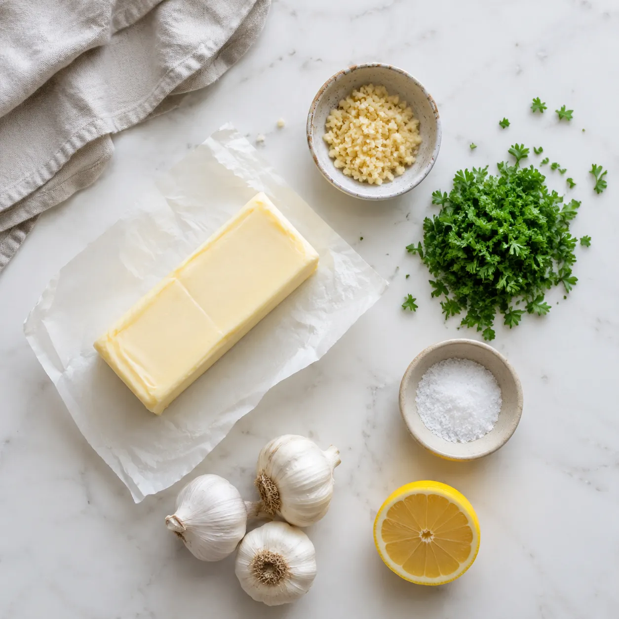 Garlic butter ingredients flatlay with butter, fresh garlic, and parsley