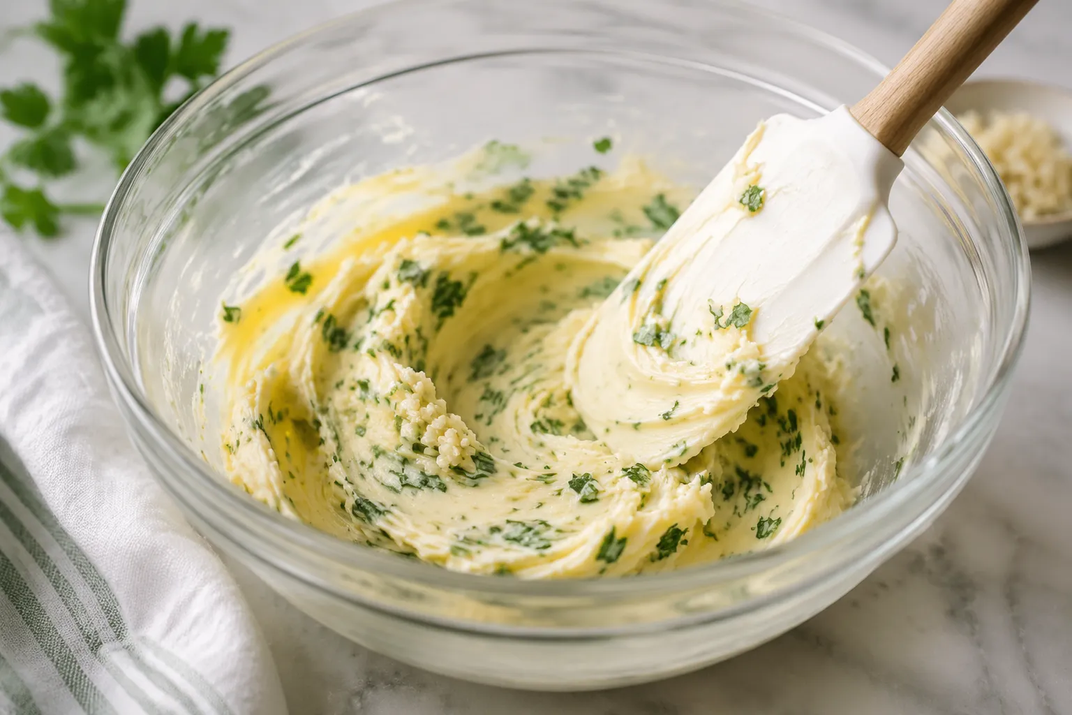 Mixing softened butter with garlic and parsley to make garlic butter