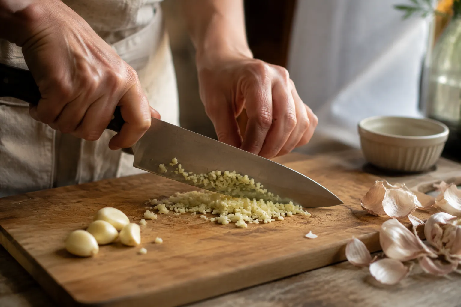 Mincing fresh garlic for homemade garlic butter
