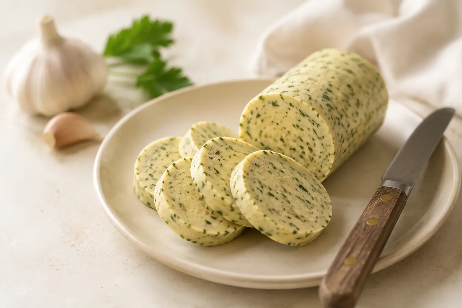Sliced homemade garlic butter compound butter recipe