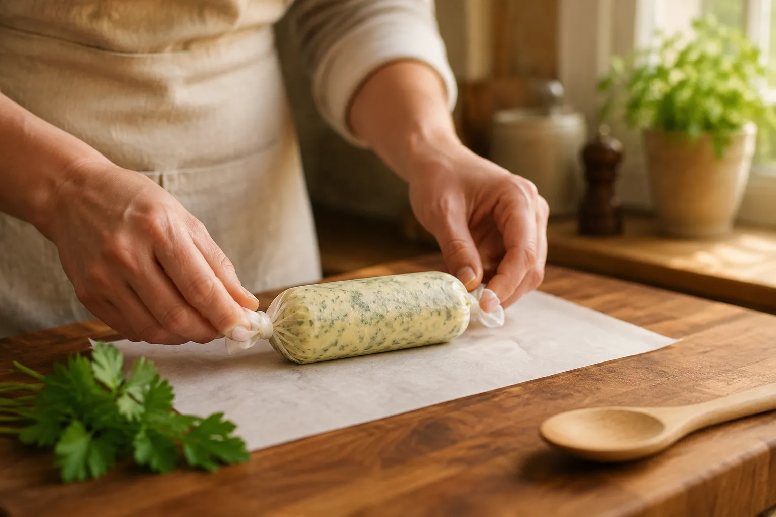 Rolling homemade garlic butter into a parchment log for storage