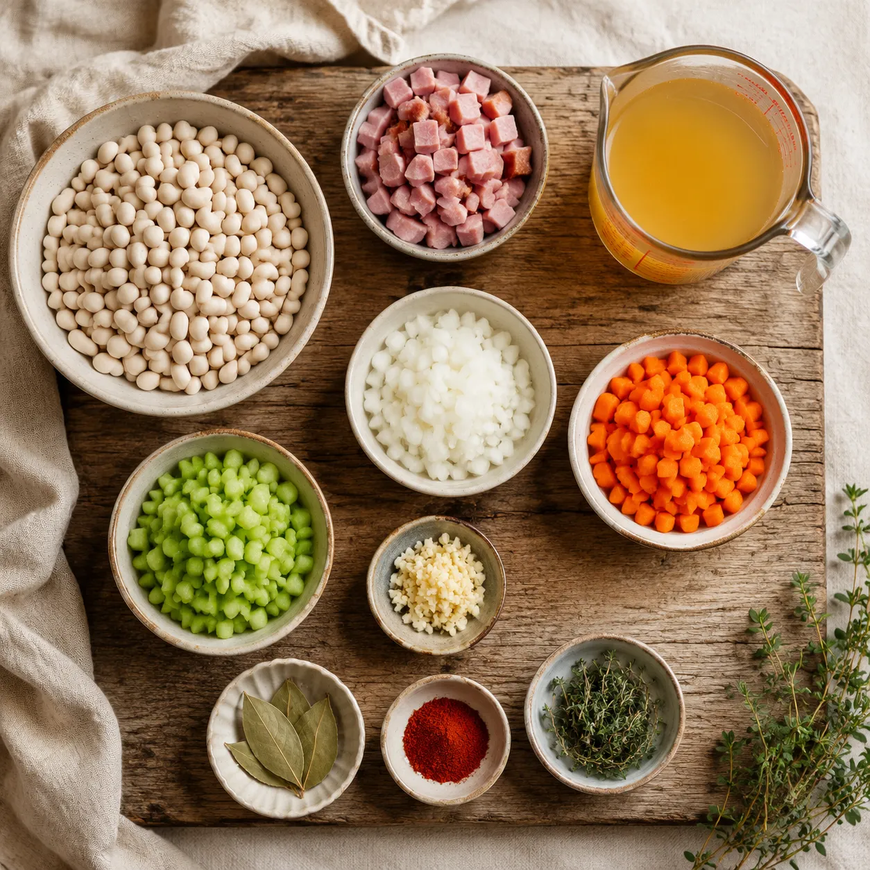 Ham and beans recipe ingredients flatlay with dried beans, diced ham, and vegetables
