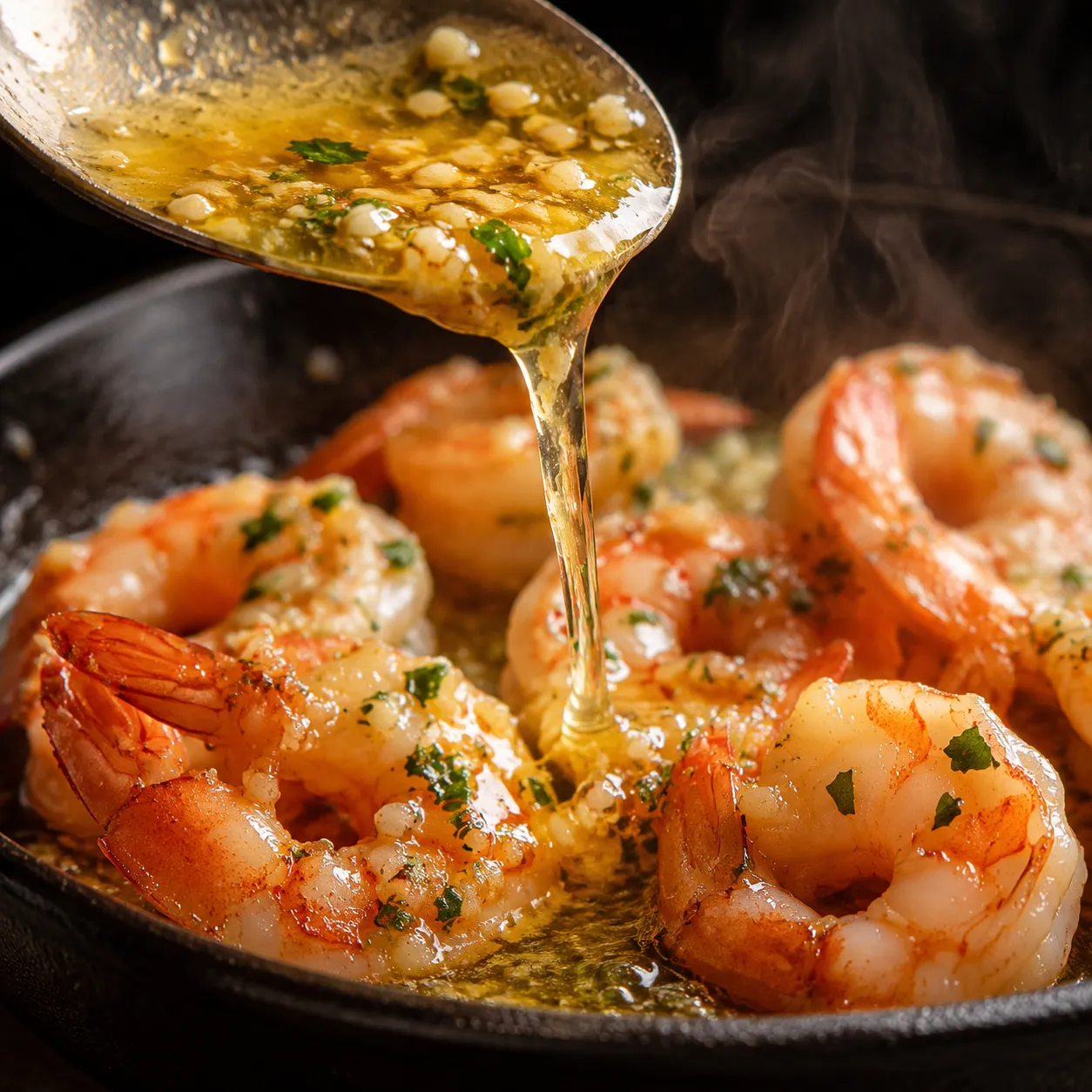 Garlic butter sauce poured over shrimp in a skillet