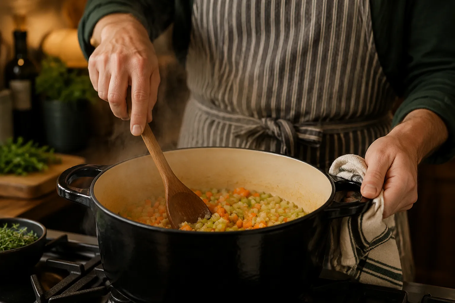 Sauteing aromatics for homemade ham and bean soup in a Dutch oven