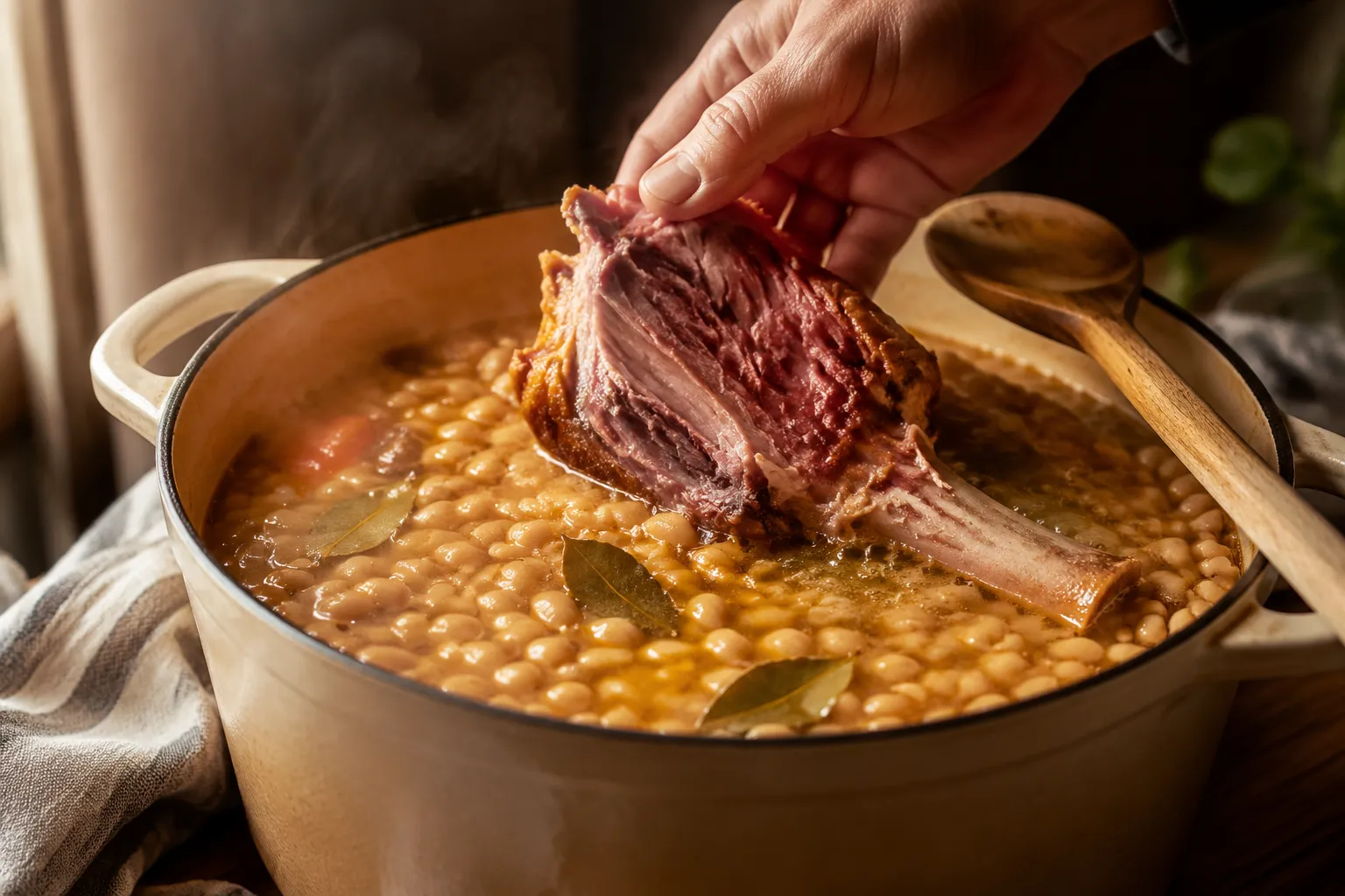 Leftover ham bone simmering in a pot of bean and ham soup recipe