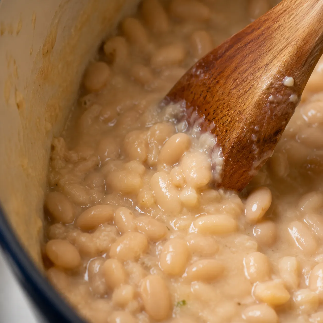Mashing beans to thicken homemade ham and bean soup recipe