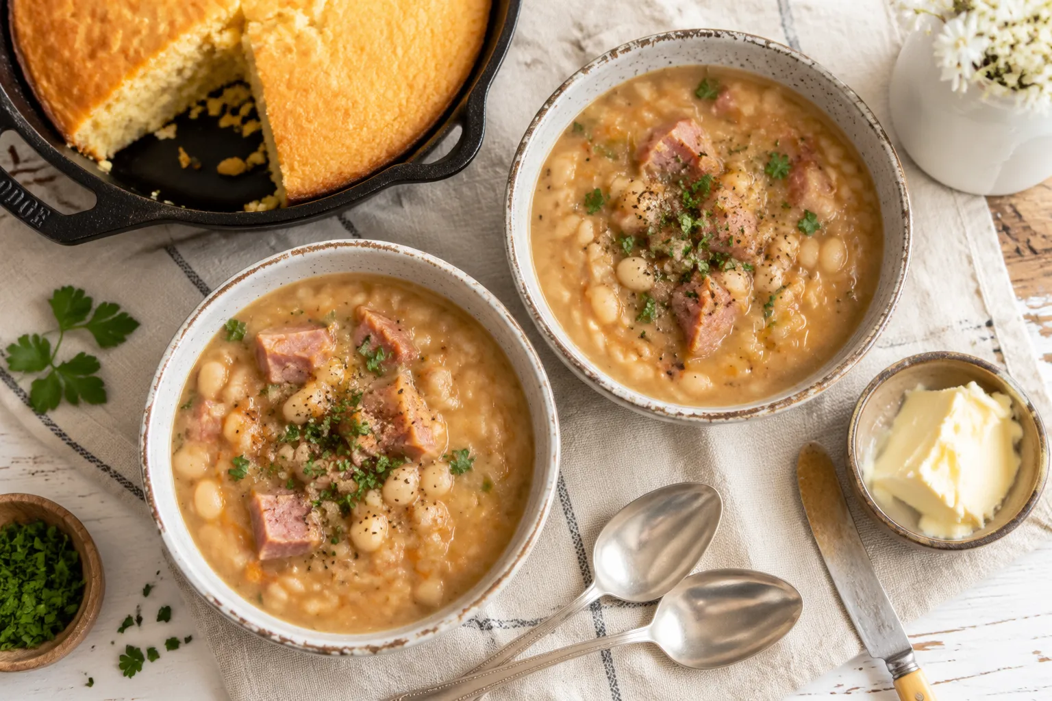 Two bowls of ham and beans served with cast-iron cornbread
