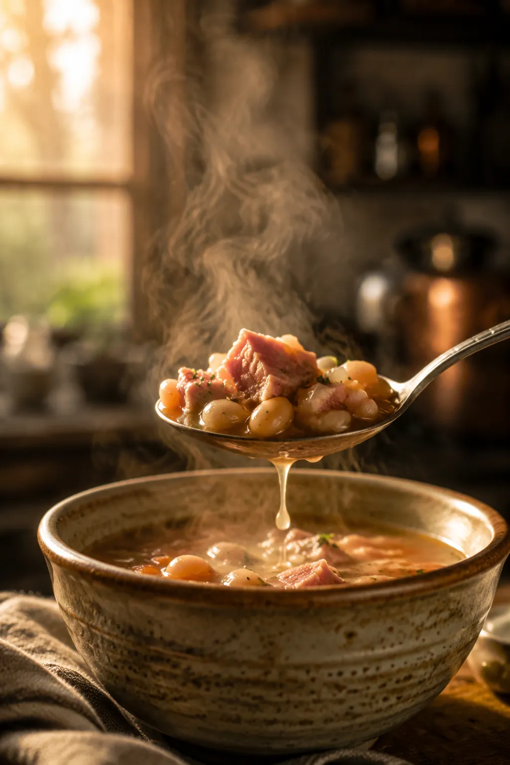 Spoonful of ham and bean soup recipe lifted from a rustic bowl