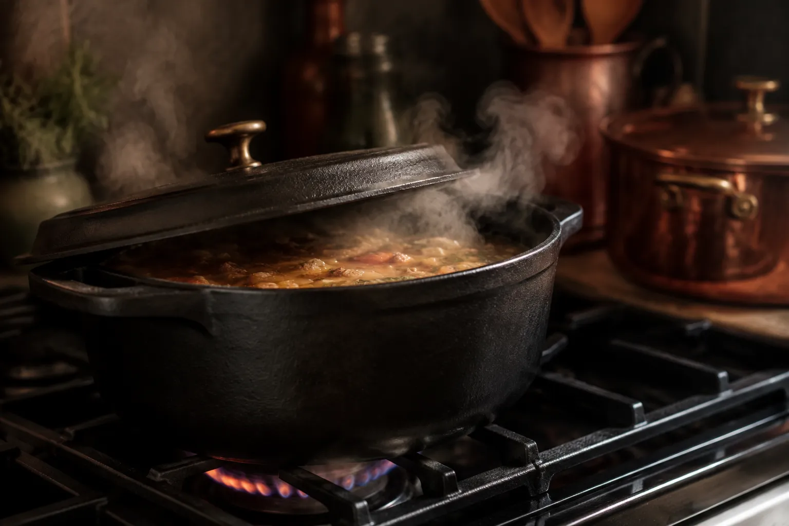 Ham and bean soup simmering low and slow on the stovetop
