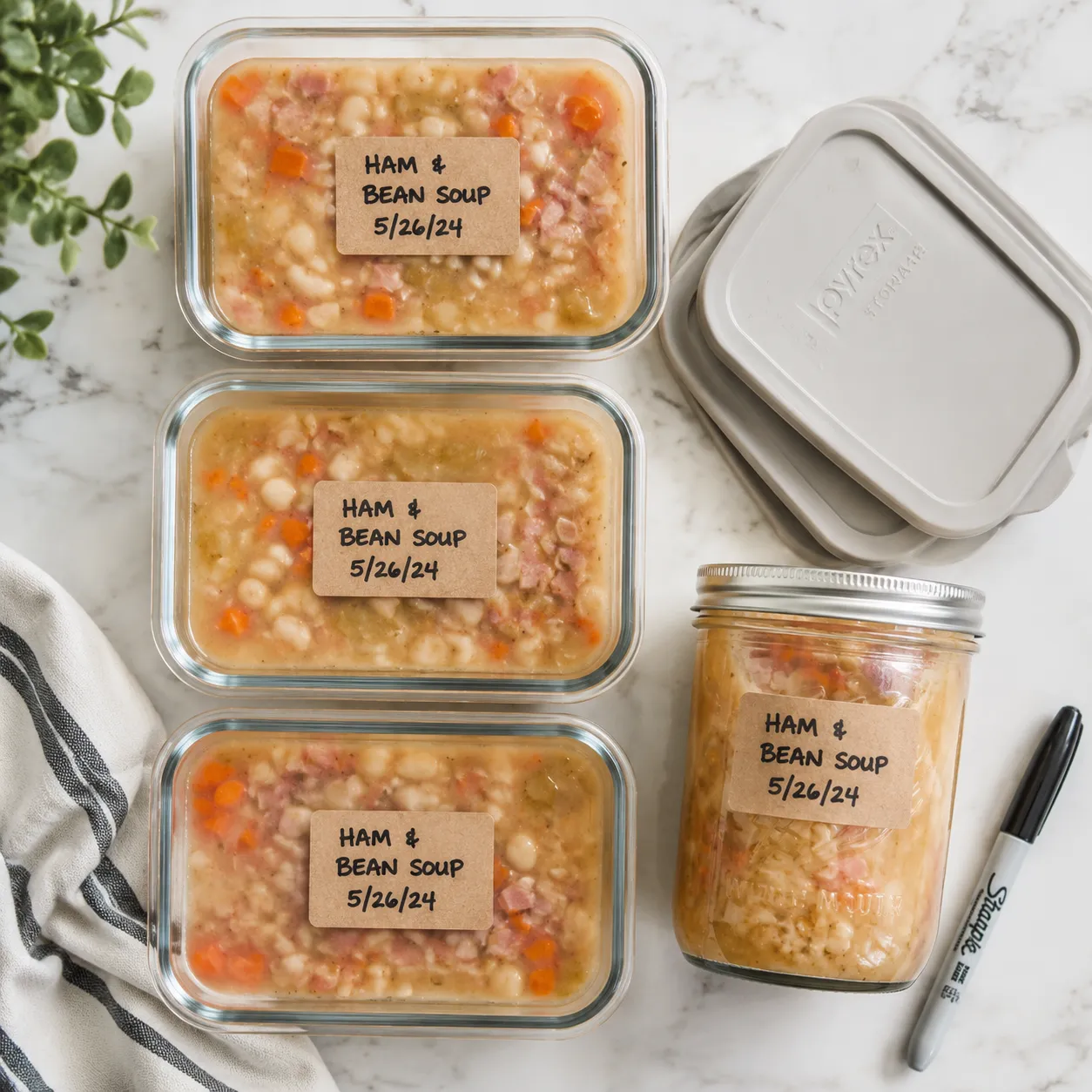 Ham and bean soup portioned in glass containers for fridge and freezer storage