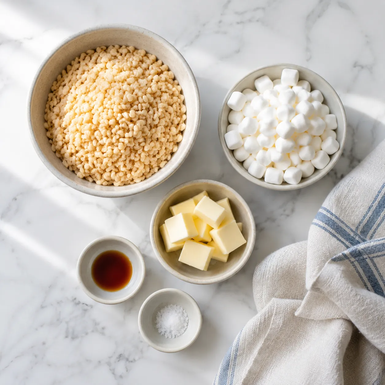 Ingredients for easy rice krispie treat recipe in bowls flatlay