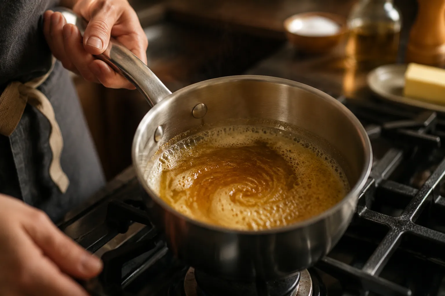 Browning butter in a saucepan for chewy rice krispies recipe