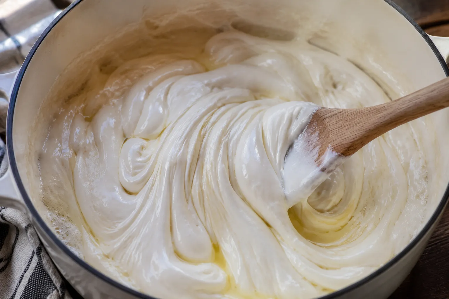 Melted marshmallows and butter stirred for rice krispie treat recipe