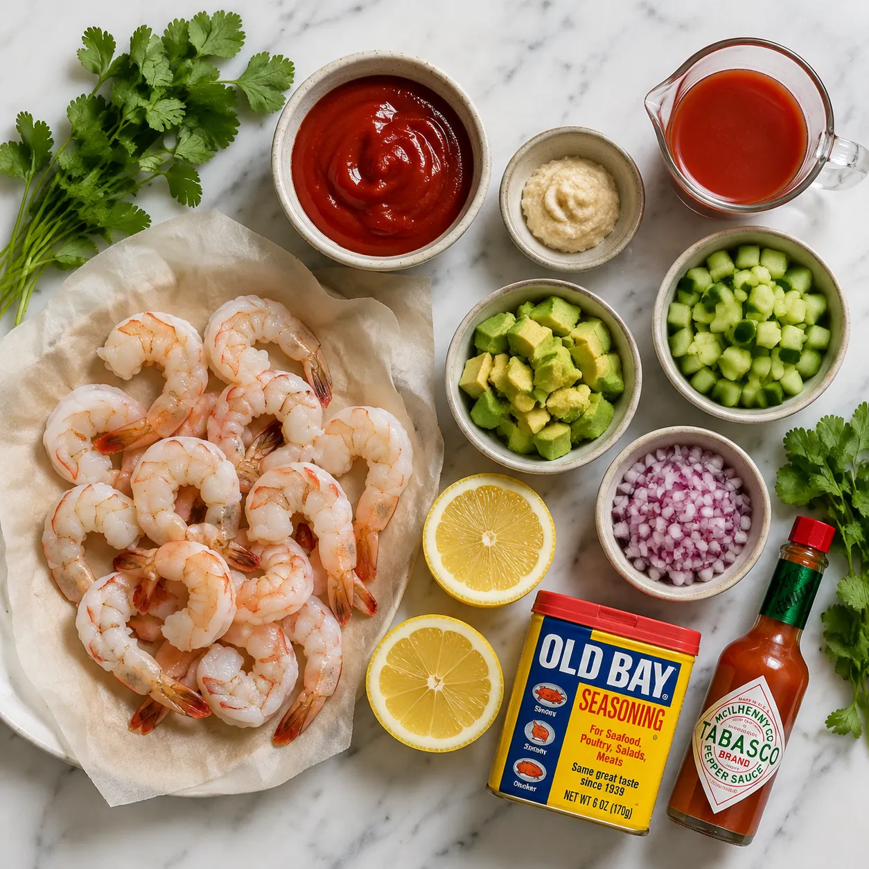 Shrimp cocktail ingredients flatlay with shrimp, ketchup, horseradish, avocado, and cilantro