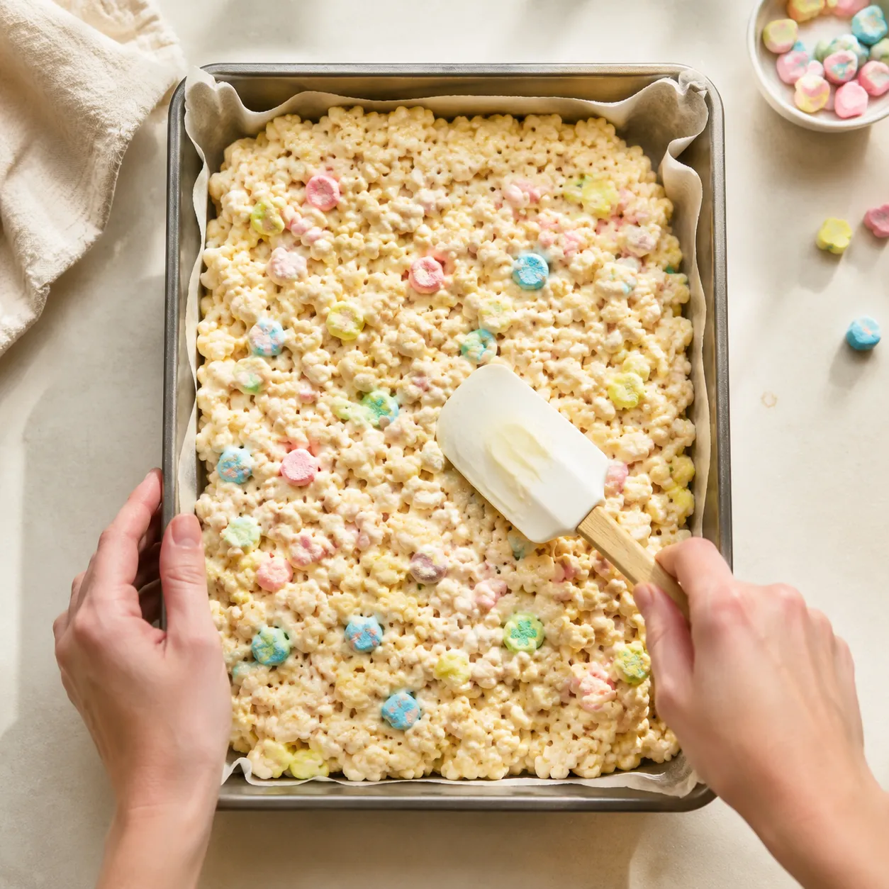 Pressing rice krispies into pan for easy rice krispie treat recipe