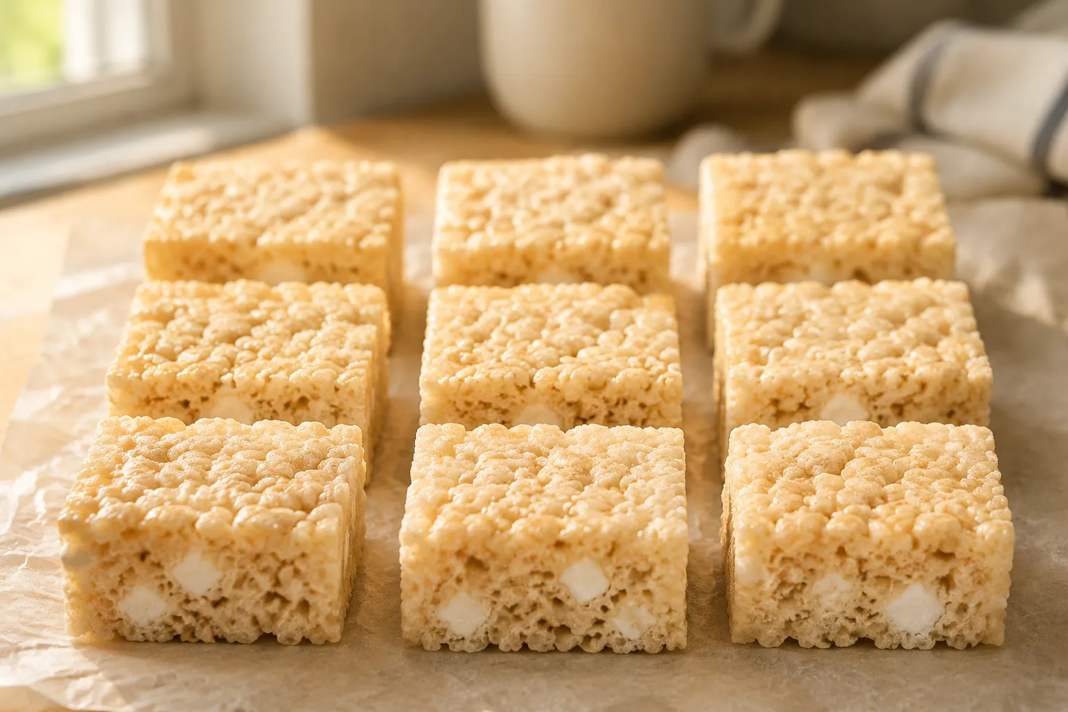 Sliced rice krispie treat recipe squares on parchment