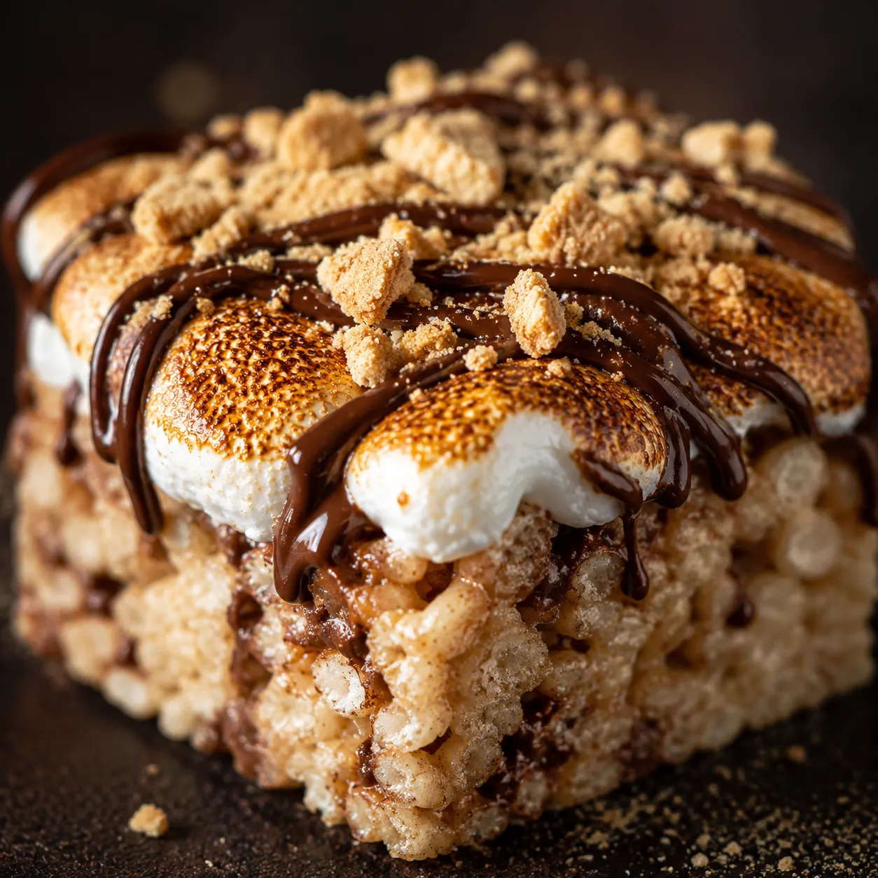 Rice krispie treat s'mores close-up with chocolate and toasted marshmallow